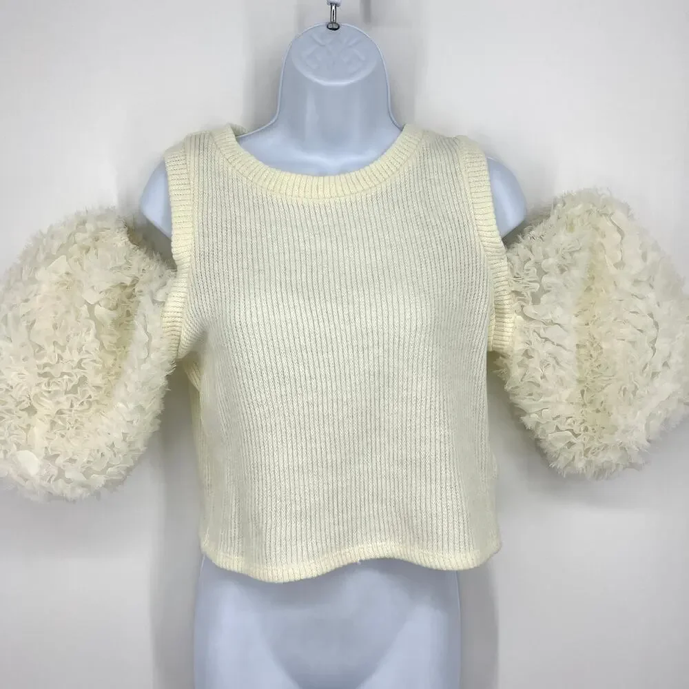 Zara Puff Cut Out Sleeve Crop Top Cream Size M NWOT
